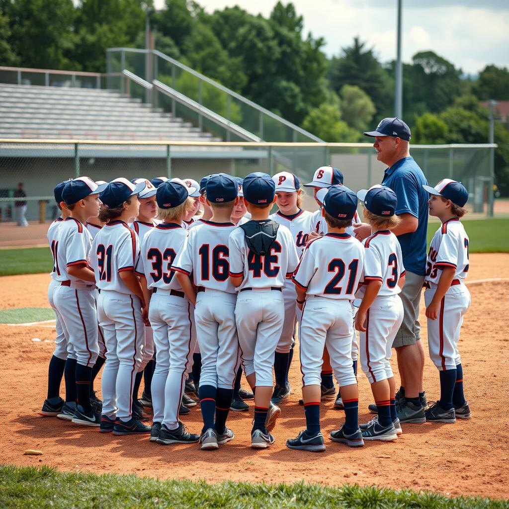 Youth sports team huddled with their coach